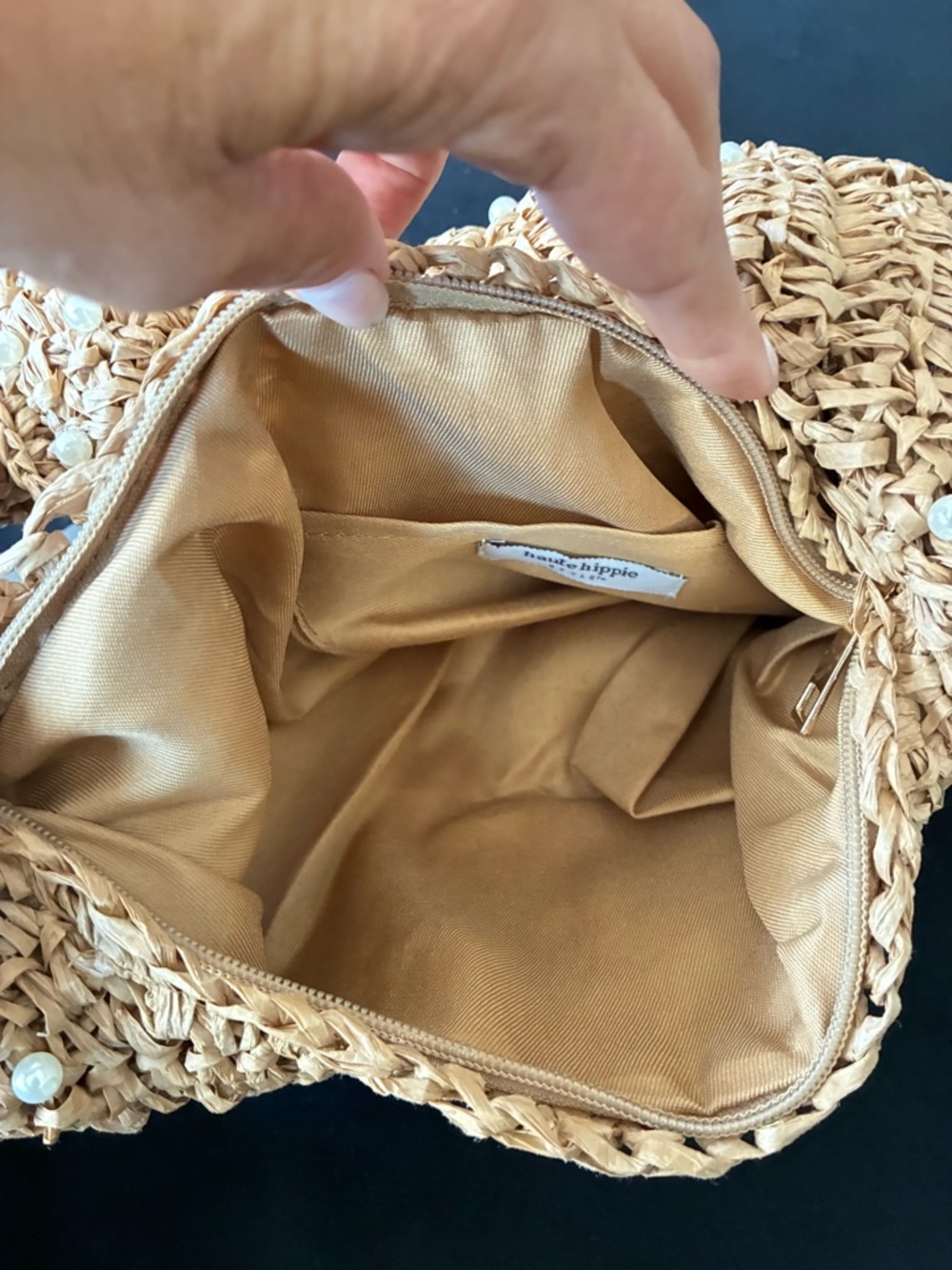 🌹Haute Hippie Tan Woven Pearl-Embellished Straw handbag Hobo - Picture 5 of 8